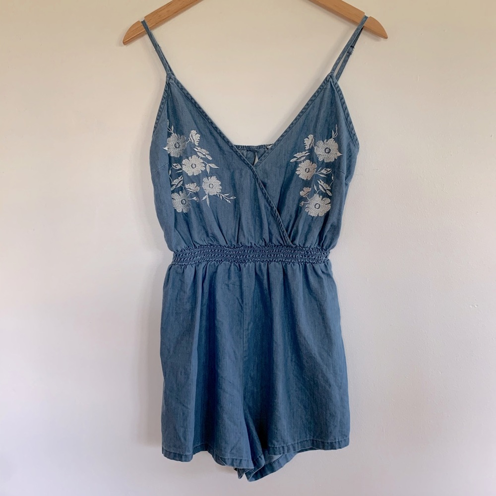 Love Tree Chambray Embroidered Floral Romper